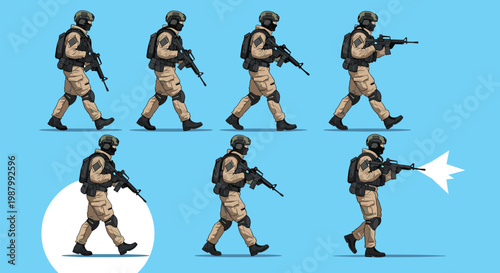 Sequence of character animations showing a modern soldier in tactical gear walking and firing a rifle against a bright blue sky background for gaming.