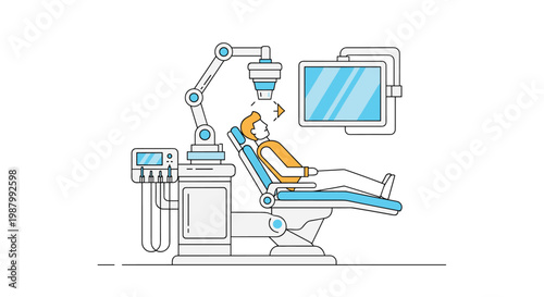 Detailed vector illustration of a patient lying in a modern dental chair during a high-tech robotic surgery procedure.