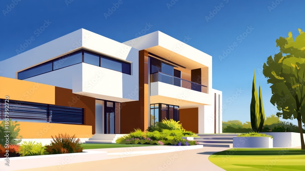 Fototapeta premium Modern house with sleek lines, large windows, lush gardens, and clear blue sky in sunny scene