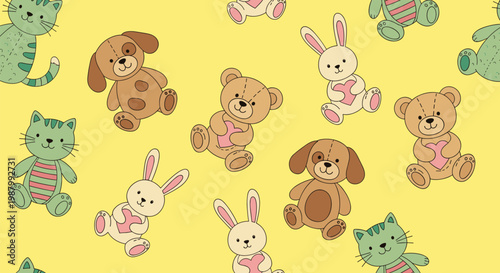 Cute and colorful seamless pattern featuring various plush toy animals like cats, dogs, rabbits, and bears on a soft yellow background for nursery decor.