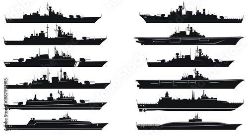 Collection of black silhouettes of different naval vessels including aircraft carriers, destroyers, cruisers, and a submarine on white.