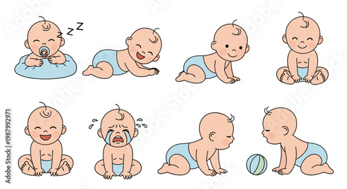 Charming set of baby illustrations showing infants in various stages such as sleeping, crawling, sitting, and playing with a ball.