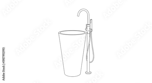 Simple line art illustration of a modern freestanding bathroom wash basin with a tall minimalist faucet and sleek design.