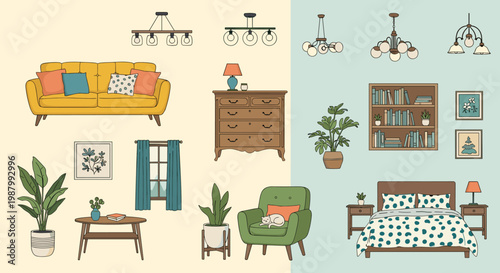 Collection of stylish interior design elements including a sofa, armchair, bed, bookshelf, plants, and various lighting fixtures.