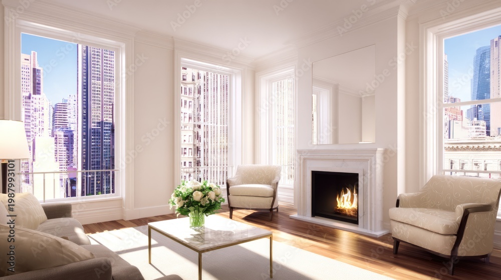 Obraz premium Sunlit living room with elegant furniture, bright city views; cozy fireplace and fresh flowers