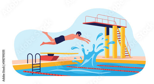 Dynamic illustration of a swimmer diving from a high board into a swimming pool with water splashing upwards.