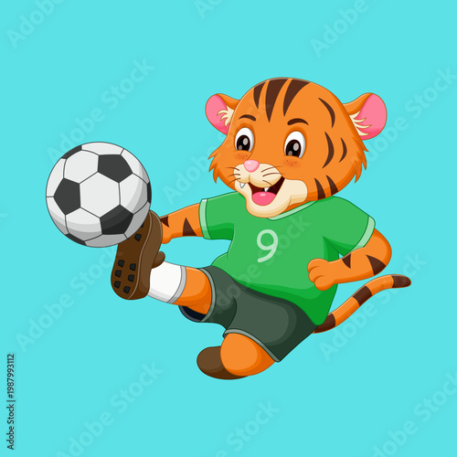 Cute Cartoon Tiger Cub Playing Soccer, Athletic Little Tiger Mascot Kicking a Football in Green Jersey Number 9, Fun Sporty Animal Character Illustration for Kids