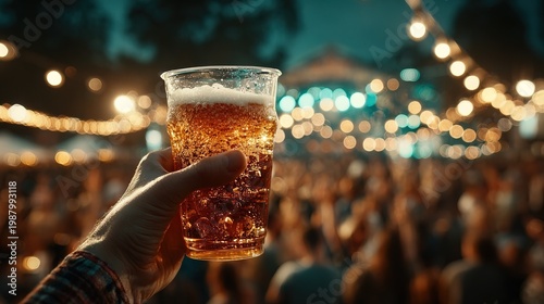Festive Evening Hand Holding Plastic Cup of Refreshing Beer at Concert