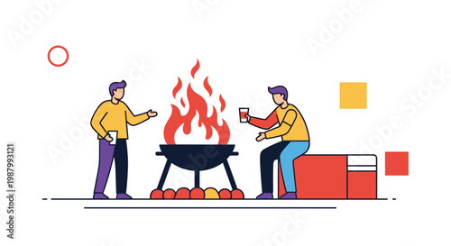 Colorful vector illustration of two people sitting by a warm campfire outdoors while holding drinks and relaxing.