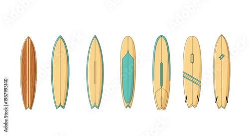 Variety of surfboard designs and shapes including longboards, fish tails, and pointed noses with different color accents.