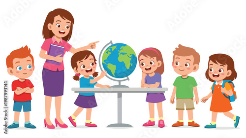 Teacher pointing at globe with kids studying geography in classroom.