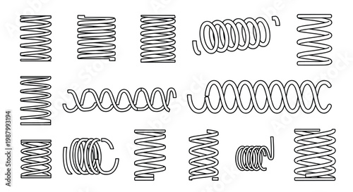 Technical illustration of various metal coil spring types including compression, tension, and torsion springs in black and white.