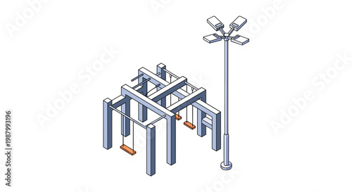 Isometric illustration of a modern playground swing set structure next to a tall four-headed street lamp post.