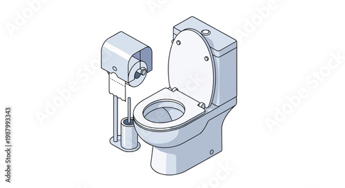 Isometric illustration of a modern ceramic toilet with a wall-mounted paper holder and a toilet cleaning brush.