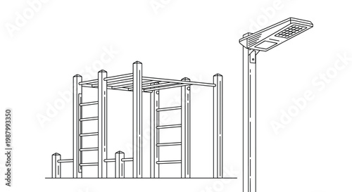 Simple line art drawing of an outdoor fitness workout station with bars next to a modern street lighting post.