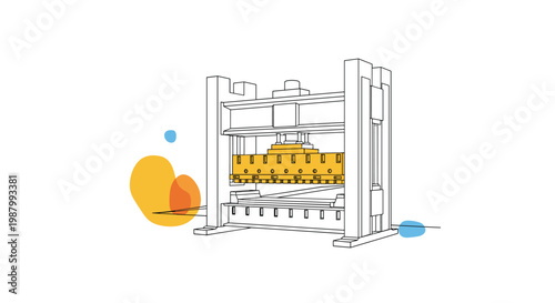 Modern illustration of an industrial hydraulic press machine with colorful abstract background shapes and line work.