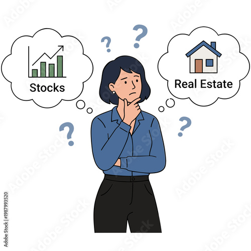 A woman is contemplating between stocks and real estate investments thoughtfully.