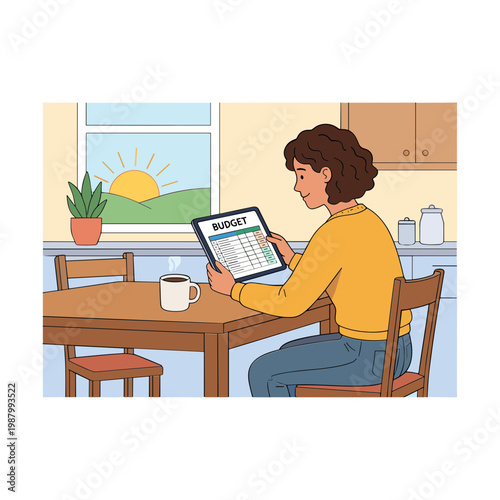 Woman sitting at a kitchen table reading a budget on her tablet.