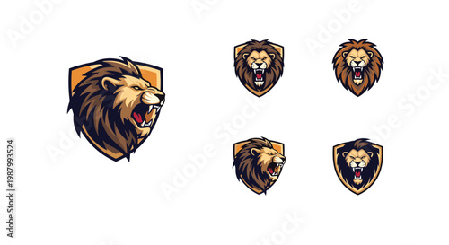 Fierce lion head mascot logo design featuring an aggressive roaring expression inside a protective shield in five variations.