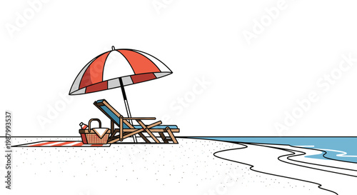 Relaxing summer beach scene illustration featuring a lounge chair under a striped umbrella with a picnic basket.
