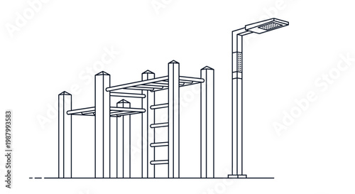 Minimalist line art drawing of an outdoor fitness area featuring bars and a modern architectural street lamp design.