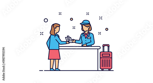 Colorful illustration of a woman at an airport check-in counter being served by a uniformed staff member.