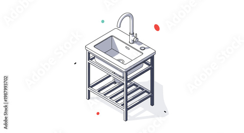 Isometric view of a industrial metal laboratory sink with a tall faucet and lower shelf storage in a clean technical style.