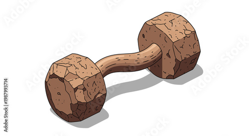 Unique stone dumbbell carved with rough texture and cracks sits on a white background, representing ancient strength and power.