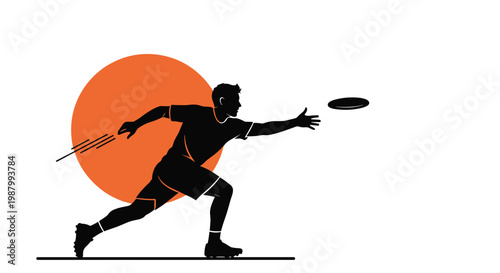 Silhouette of an ultimate frisbee player lunging forward to catch a disc against a large orange circular graphic background.