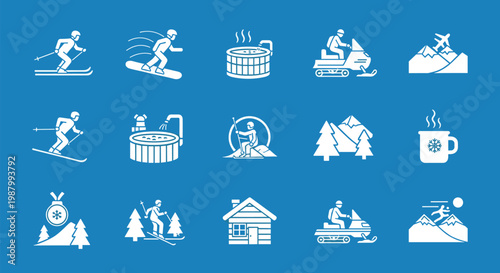 Icons of various winter sports and activities such as skiing, snowboarding, snowmobiling, and relaxing in a hot tub on blue.