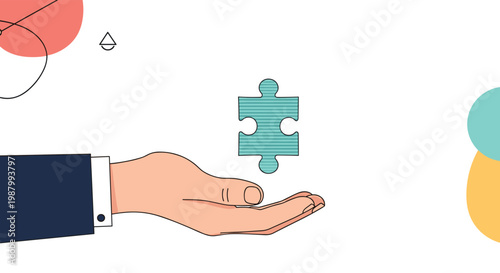 Human hand reaching out toward a floating turquoise puzzle piece with horizontal lines, representing search for a solution.