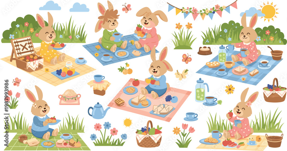 Obraz premium Cute Bunny Picnic Scene Set with Food, Tea, Basket, Flowers, and Spring Outdoor Elements for Kids and Easter Holiday Designs