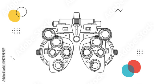 Detailed line art illustration of a phoropter eye examination instrument used by optometrists for vision testing and correction.