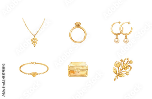 Watercolor Golden Jewelry Icons Collection on White Background