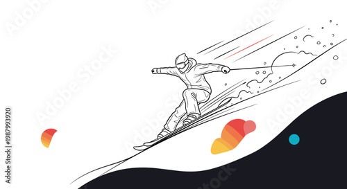 Sketch of a professional skier carving through deep snow on a steep mountain slope with dynamic motion lines and flying powder.
