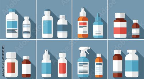 Collection of pharmaceutical medicine bottles in different sizes and shapes with droppers, sprays, and screw caps in flat design.