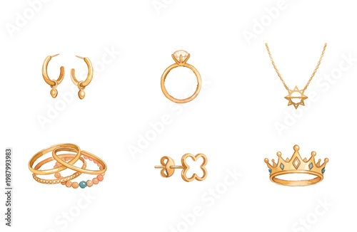 Watercolor gold jewelry icon set with rings earrings and necklace on white background