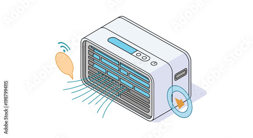 Smart home air purifier or heater unit shown in an isometric view with airflow lines and digital connectivity icons.
