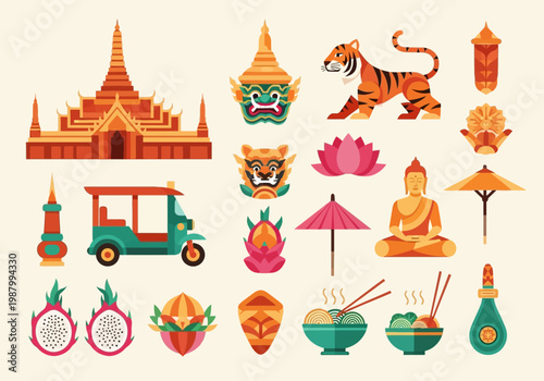 Thailand Cultural Symbols and Travel Icons Flat Vector Set - Featuring Tuk Tuk, Buddha, Grand Palace, Tiger, Noodle Bowl, and Dragon Fruit