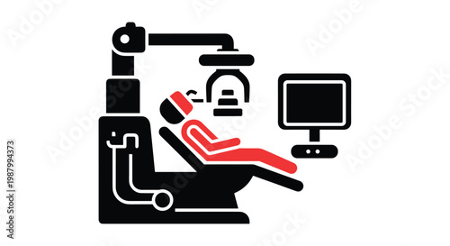 Medical diagnostic icon features a patient inside an MRI or CT scanner with a computer monitor displaying the resulting scan data.