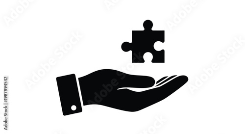 Black silhouette of a hand holding a single jigsaw puzzle piece up against a white background, representing finding a solution.