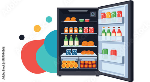 Open refrigerator is completely stocked with various colorful beverages, snacks, and fresh produce organized on shelves and in bins.