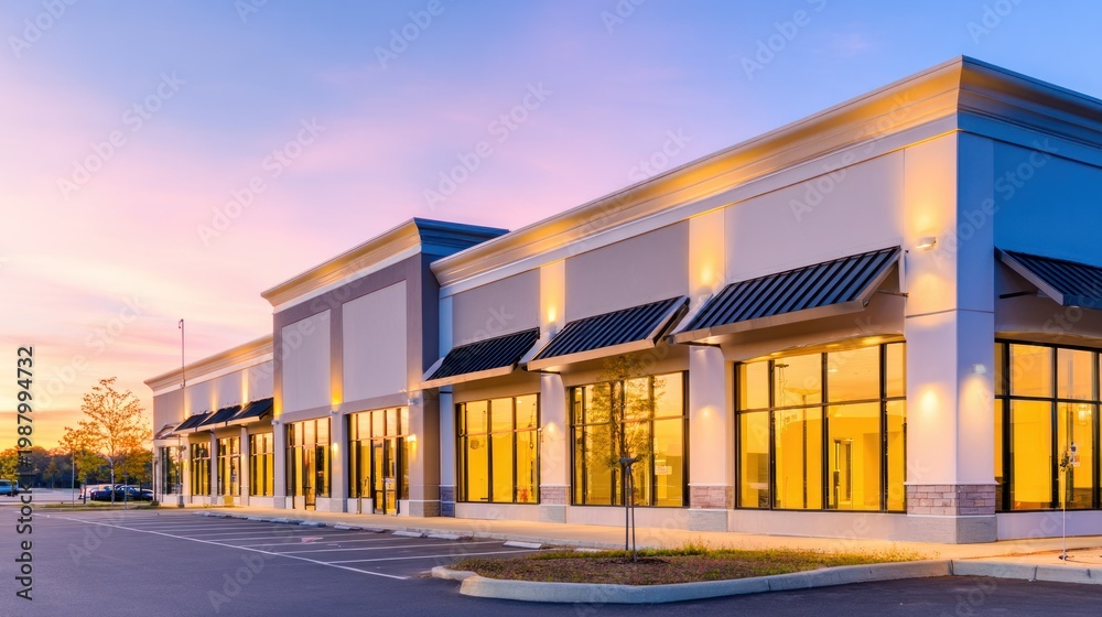 Fototapeta premium Contemporary retail building with large windows, sunset sky, and parking lot in urban landscape