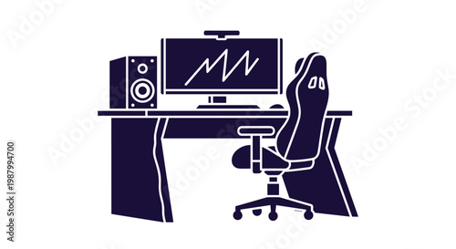 Dark silhouette of a complete gaming or work station including a computer monitor, speakers, keyboard, and an ergonomic chair.