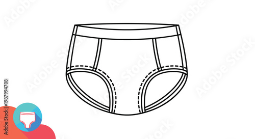 Simple black and white line drawing of men's briefs underwear with an icon in the corner showing the garment in blue and red.