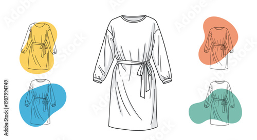 Fashion design sketches show a simple long sleeve dress with a waist tie, presented in five different color options as tiny icons.