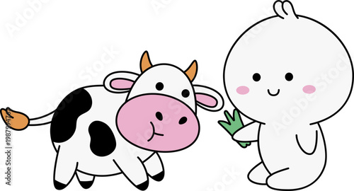 Karakter Kawaii Lucu Memberi Makan Sapi Clipart Idul Adha