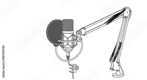 Technical line drawing of a professional condenser microphone mounted on an adjustable boom arm for podcasting or studio recording.