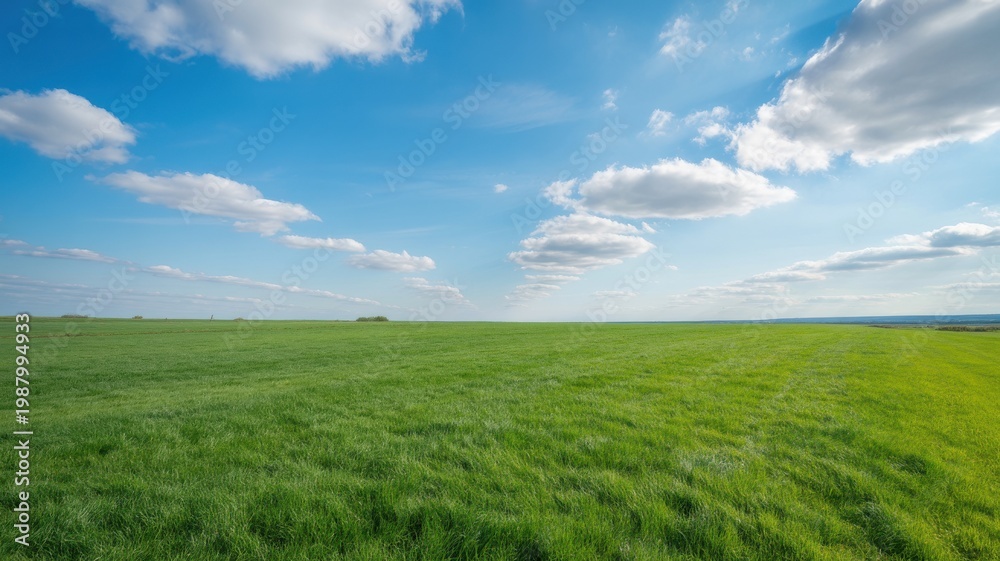 Obraz premium Vast green meadow under a bright blue sky with white clouds