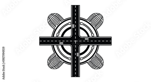 Detailed technical illustration of a road intersection with a circular roundabout and pedestrian crossings shown from a high-angle view.